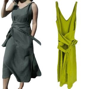 Pavietra Linen Twisted Straps Wrap Belt Midi Dress Lime Green Size M Lagenlook